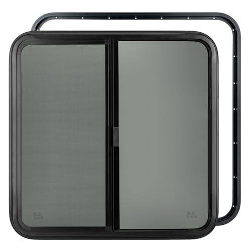 Dulepax Horizontal RV Window, 24" W x 24" H Tinted Slide Trailer Window, Tempered Glass Camper Window Replacement with Net Screen and Trim Ring, DOT Approved - size: Horizontal 24"x24"