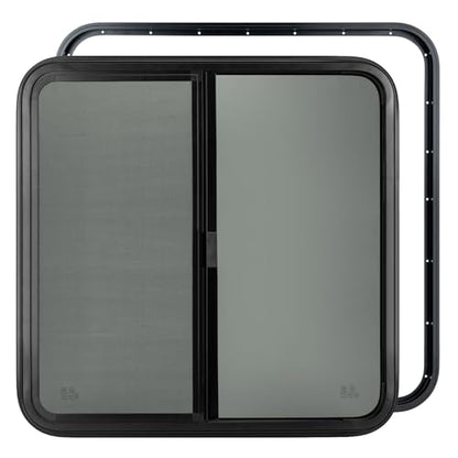 Dulepax Horizontal RV Window, 24" W x 24" H Tinted Slide Trailer Window, Tempered Glass Camper Window Replacement with Net Screen and Trim Ring, DOT Approved - size: Horizontal 24"x24"