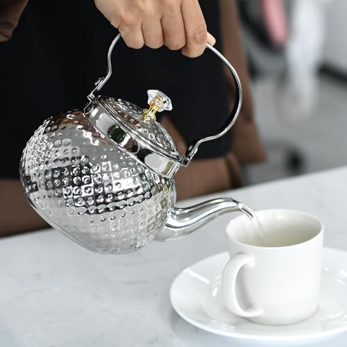 2L Hammered Tea Kettle Stovetop, Silver Tea Pot with Strainer for Stove - color: Silver-2L