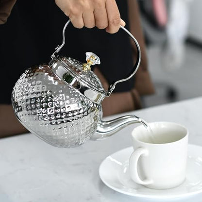 2L Hammered Tea Kettle Stovetop, Silver Tea Pot with Strainer for Stove - color: Silver-2L