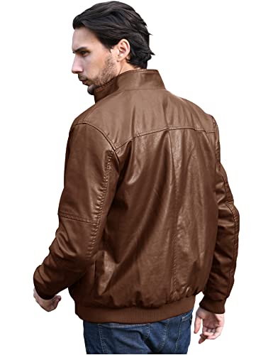 WenVen Men's Stand Collar Fleece Lined Faux Leather Jacket Warm Winter Coat | Bomber Outerwear - color: Field, size: Large