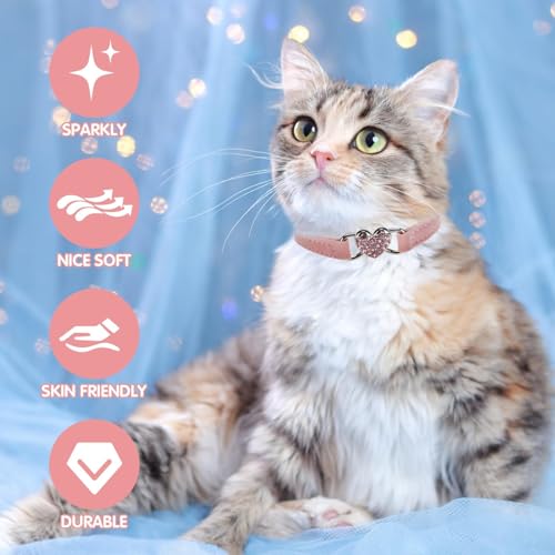 BINGPET Diamond Cat Collar with Bell, Adjustable Kitten Collar, Pink&Black - color: Pink & Black(Heart), size: Neck Girth 8"-10"