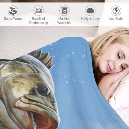 Bass Fish Fleece Throw Blanket for Couch Adults Teens 50" X 60" - color: Bass Fish, size: 50x60 inch