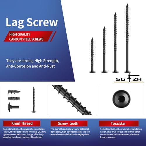 #14 x 3 Inch Lag Screws (176Pcs) 4lb. Structural Wood Screw, Black, Carbon Steel, Washer Head, Rust Resistant epoxy Coated, T30 Star Bit - color: Black, size: #14 x 3"