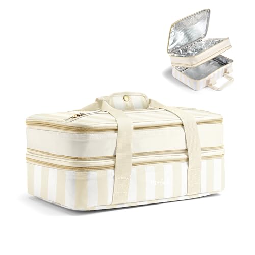 Fit & Fresh Insulated Double Decker Casserole Carrier for Hot & Cold Food | Fits two 9x13" pans, Expandable, Leak-Resistant, Durable, Portable Food Carrier For Potlucks, Tailgating, Picnics, Parties - color: Pina Colada Stripe