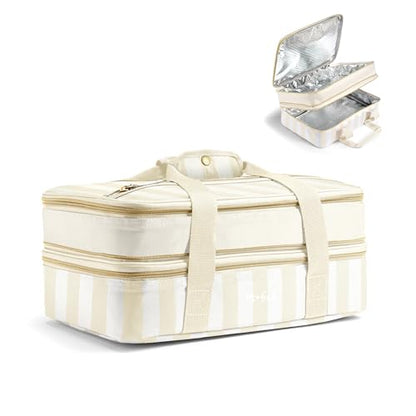 Fit & Fresh Insulated Double Decker Casserole Carrier for Hot & Cold Food | Fits two 9x13" pans, Expandable, Leak-Resistant, Durable, Portable Food Carrier For Potlucks, Tailgating, Picnics, Parties - color: Pina Colada Stripe