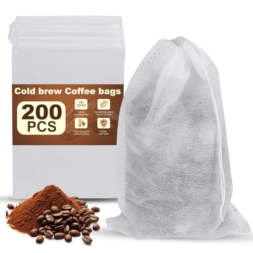 Cold Brew Coffee Filter Bags 200 Pack, Disposable Mesh Brewing Bags with Drawstring, No Mess Cold Brew Maker Bags for Coffee Concentrate, Iced Coffee, Mason Jar, Large Fine Mesh Tea Infuser Bags