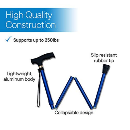 RMS Folding Cane, Adjustable, Lightweight Offset Walking Cane | Aluminum Collapsible Walking Stick with Ergonomic Derby Handle, cane folds for travel and storage - color: Blue