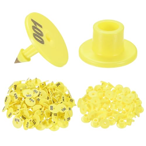 M METERXITY 100-Pack Cattle Ear Tags 001-100 Number, Plastic Round Livestock Ear Tags for Cows/Sheep/Cattle/Pig, Farm Animal Identification Markers [Yellow] - color: Yellow