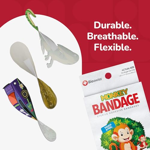 BioSwiss Bandages, Monkey Shaped Self Adhesive Bandage Set, Latex Free, Sterile Wound Care, 24 Count - size: 24-Count Box, style: Monkey