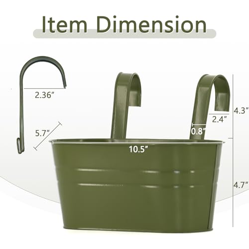 3 Pack Metal Railing Planters, 10.5" Oval Hanging Flower Pots with Detachable Hooks & Drainage Holes, Fits Rails up to 2.36", Galvanized Iron Fence Bucket for Balcony Garden Patio - Green - color: Green, size: 3 Pack, 10.5"L x 5.7"W x 4.7"H