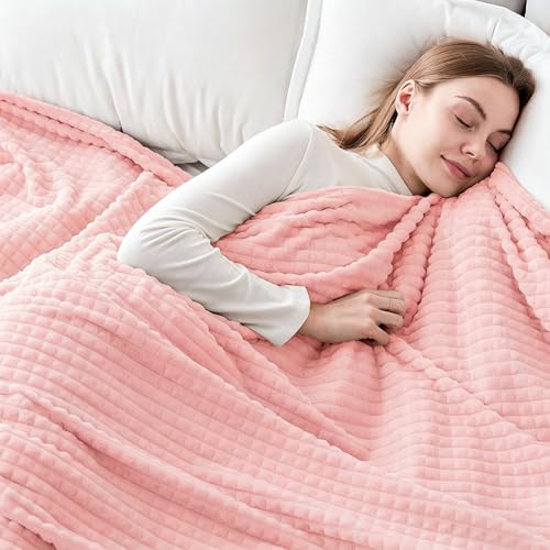 EMME Fleece Blanket Twin Size Luxury Flannel for Couch Bed Sofa Chair, Soft, Plush, Warm and Cozy Blanket with Geometric Grid Design (Pink, 60'' x 80'') - color: 14-grid-pink, size: Twin