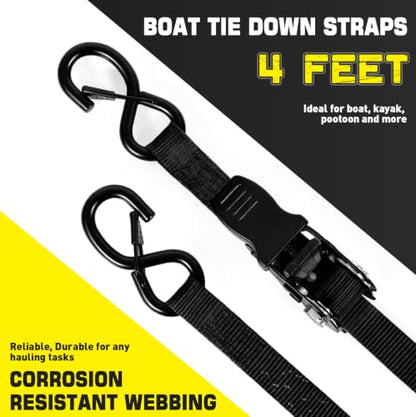 Boat Tie Down Straps to Trailer, 1 Inch x 4 FT Boat Transom Straps, 2100 LBS Break Strength with Security Lock S Hooks, Adjustable Boat Straps for Trailer, Jet ski, Boat, Kayak - color: Black