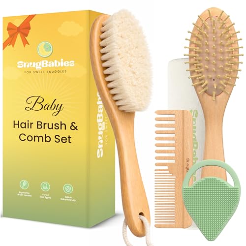 Baby Hair Brush & Comb Set for Newborns - Gentle Goat-Hair & Bamboo Bristle Hairbrushes with Easy Grip Wooden Handles - 5-Pack Baby Brush Set with a Cotton Travel Pouch - Gifts for Boys & Girls - size: Premium Set (5-Piece)