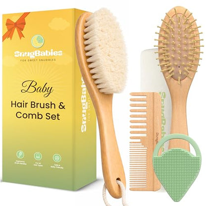 Baby Hair Brush & Comb Set for Newborns - Gentle Goat-Hair & Bamboo Bristle Hairbrushes with Easy Grip Wooden Handles - 5-Pack Baby Brush Set with a Cotton Travel Pouch - Gifts for Boys & Girls - size: Premium Set (5-Piece)