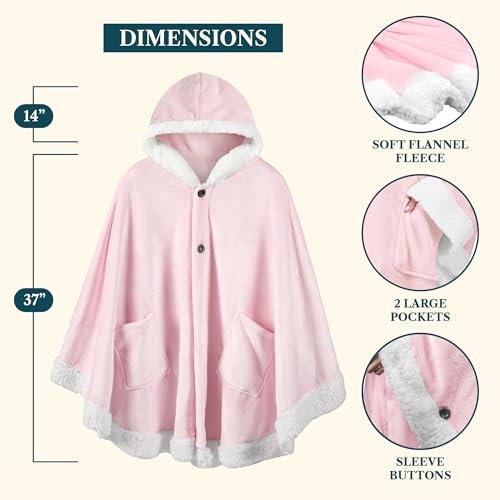 PAVILIA Hooded Blanket Poncho for Women, Fleece Wearable Shawl Wrap, Pink | Fleece Shawl Wrap with Hood, Adult Wearable Blanket, Cozy Warm Poncho Cape Throw with Pockets, Gift for Elderly Mom - color: Pink