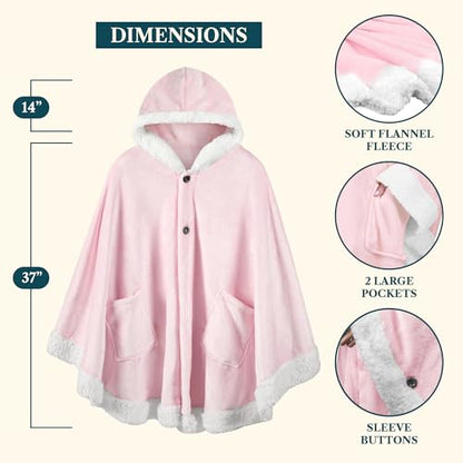 PAVILIA Hooded Blanket Poncho for Women, Fleece Wearable Shawl Wrap, Pink | Fleece Shawl Wrap with Hood, Adult Wearable Blanket, Cozy Warm Poncho Cape Throw with Pockets, Gift for Elderly Mom - color: Pink