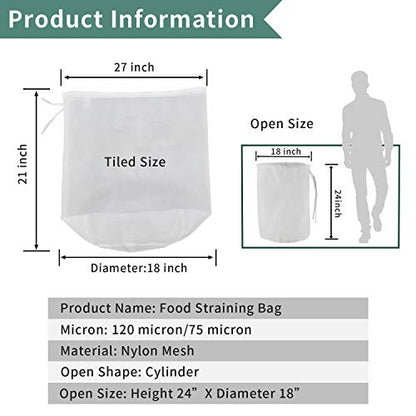 12"x18" Nylon Mesh Strainer Bags for Almond Nut Milk, Greek Yogurt, Home Beer Wine Brewing 180 Micron - size: 12"x18" Brew Bag - 180Micron