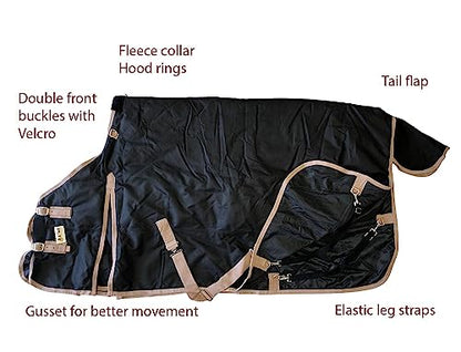 AJ Tack 1200D Waterproof Winter Horse Blanket - 400g Heavyweight Turnout with Fleece Collar, Shoulder Gussets & Tail Flap - Black 80" - color: Black, size: 80 Inches