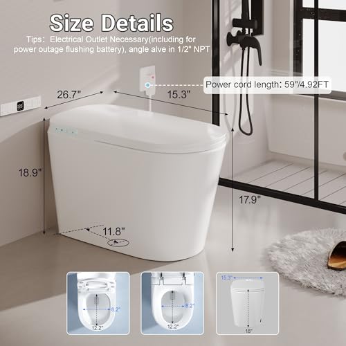 Smart Bidet Toilet w/Tank Heated Seat Cleaner Tablets Auto Flush/Lid&Seat | Foot Sensor UV-C light Electric Modern One Piece Toilet with Dryer LED Display Siphon Flush 1.28 GPF MAP 1000g - color: Bone White