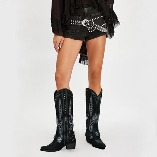 Yolkomo Cowboy Boots for Women Knee High Western Cowgirl Boots with Embroidery Belt Buckle Chains - color: Black, size: 11