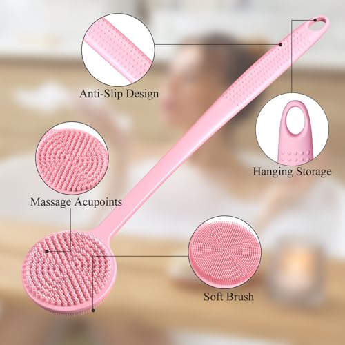 Silicone Back Scrubber for Shower, 17in Lengthen Long Handle Body Brush, Double Sided Shower Brush for Shower Exfoliating and Massage Can Produce Rich Foam, Long Handle Back Scrubber for Men - color: Pink