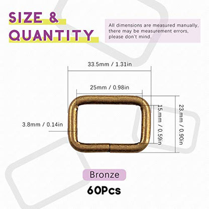 Swpeet 60Pcs 1 Inch / 25mm Heavy Duty Metal Ring Buckle Webbing Belts - color: Bronze, style: Metal Rectangle Ring