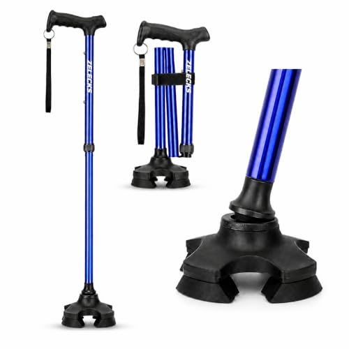 ZELECKS Walking Cane for Women & Men - Self Standing Adjustable Folding Cane with T Handle and 360 Pivot Base - Lightweight Foldable Walking Stick for Seniors - Collapsible Cane for Walking - color: Blue