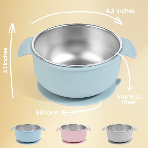 Bella's Friends Life Baby Bowls with Suction Stainless Steel and Silicone, 4.3” for Toddlers Kids Feeding, Non-Slip, Non-Toxic, Mess-Free, Dishwasher Safe, Fit High Chair Size, 3 Pack - color: blue, grey blue, grey