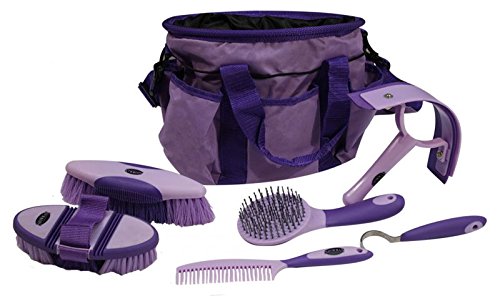Showman 6 Piece Soft Grip Grooming Kit with Strapped Bag and Pockets on Outside - color: Purple