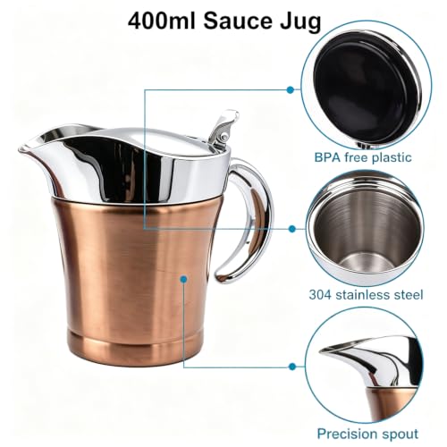Double Insulated Gravy Boat - Stainless Steel Sauce Jug with Hinged Lid Hinged Lid Ideal for Gravy or Cream at Thanksgiving (450ML/16 OZ Rose gold) - color: 450ML/16 OZ Rose gold