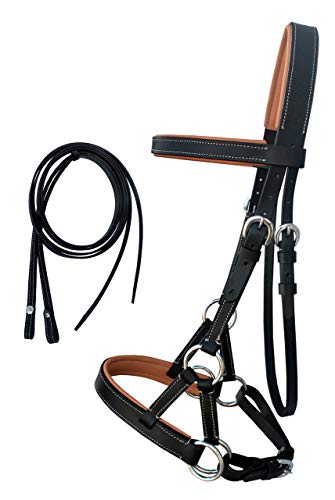 CHALLENGER Horse Western Brown Leather Training Tack Bitless Sidepull Bridle Reins 7711 - color: Black/Tan, size: Full