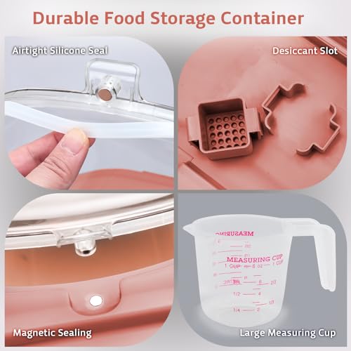 Komzon Rice Storage Containers, Collapsible 20 to 30Lbs Food Storage Bin Dispenser with Rolling Wheel and Clear Airtight Lid, BPA Free Flour, Sugar, Cereal and Dog Cat Pet food Containers - color: Pink