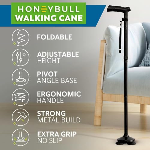 HONEYBULL Walking Cane for Men & Women, Foldable Free Standing Cane - color: Black