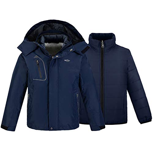 wantdo Boys' 3-in-1 Ski Jacket Fleece-Lined Winter Coat Hooded Raincoat - color: Navy, size: 6-7