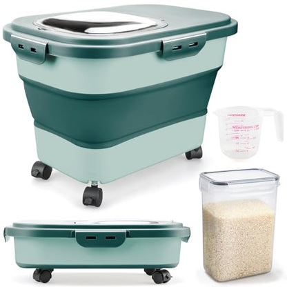 Komzon Rice Storage Containers, Collapsible 20 to 30Lbs Food Storage Bin Dispenser with Rolling Wheel and Clear Airtight Lid, BPA Free Flour, Sugar, Cereal and Dog Cat Pet food Containers - color: Green