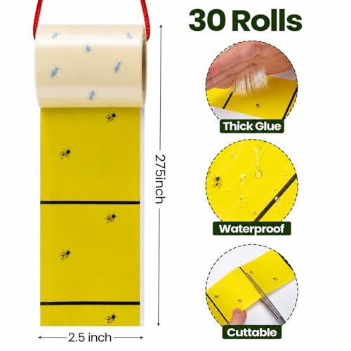 Qualirey 30 Pcs Giant Sticky Fly Traps, Fly Strips for Indoor Outdoor Hanging Flying Tapes Non Toxic Ribbon Fruit Gnat Killer for Mosquito Plants House Horse Stable