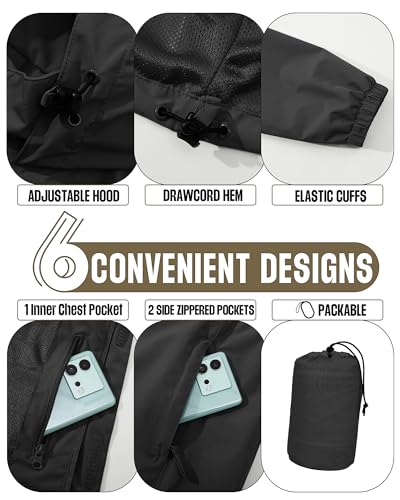 33,000ft Men's Waterproof Rain Jacket Packable Lightweight Hood Rain Shell - color: Black, size: Small
