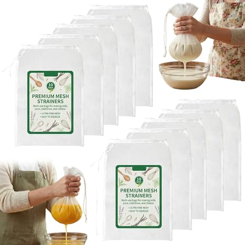 10 Pcs Nut Milk Bag Reusable (9.8"x14"), 200 Mesh Fine Nylon Cheese Cloth Bags with Drawstring, Strainer for Cold Brew Coffee Greek Yogurt Juice & Tea