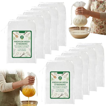 10 Pcs Nut Milk Bag Reusable (9.8"x14"), 200 Mesh Fine Nylon Cheese Cloth Bags with Drawstring, Strainer for Cold Brew Coffee Greek Yogurt Juice & Tea