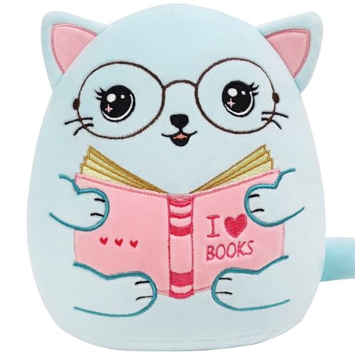 Cute Cat Stuffed Animal: 8 Inch Blue Cat Book Lover Gifts Soft Reading Buddies Plush Toy, Plushie Pillow Gifts for Kids Girls Boys, Bookworm Classroom Decor - style: Book Lover Cat