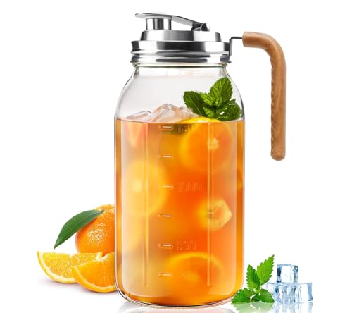 Glass Pitcher With Lid,304 Stainless Steel Lid,2 Seal Ring,64 oz(2 Quart/1.8 Liter),Mason Jar Cold Brew Water Iced Tea Brewing Breast Milk Pitcher,Sun Tea Glass Jar For Outside,Pitchers For Drinks - color: Brown