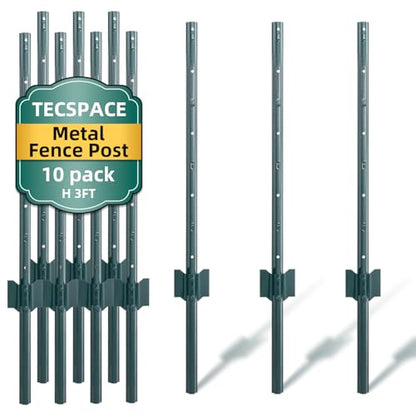 TECSPACE Metal Fence Post, 3 ft Heavy Duty U-Post with Anchor Plate and Adjustable Tabs, Rust-Proof Steel Stakes for Garden, Farm, Lawn, 10 Pack (3 Feet) - size: 3 FT 10PCS