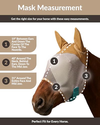 TSZ Horse Fly Mask with Ears Cover - UV Block 70% Breathable Mesh Flymask | Fly Masks for Horses, Durable Fly Control Mask, Comfortable All-Day Protection for Equines. Fleece Padding, Adjustable Straps - size: Horse