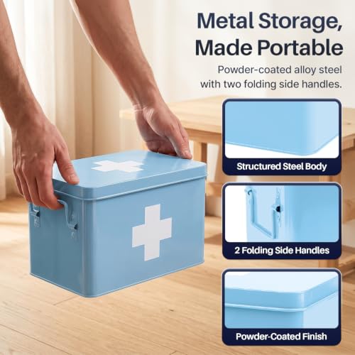 Flexzion Large Metal First Aid Box Empty, 13-Inch, Blue with White Cross - color: Blue, size: 13 Inch without Latch Lock