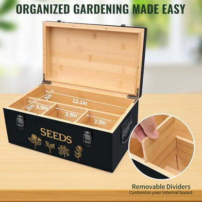Large Bamboo Wood Seed Storage Organizer Box with Lid, Double-Layer Seal Design Seed Saving Box with Premium Coated Safety Lock, Handles, Extra Seed Envelopes and Labels, Great Gifts for Gardener - color: 3.Black(Large)