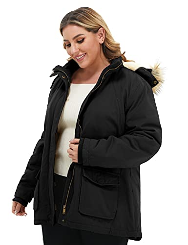 Soularge Women's Winter Plus Size Sherpa Lined Jacket with Hood | Women's Plus Size Workwear Fit,100% Cotton Outer Shell,Soft Fleece Lining,Windproof Stand Collar - color: Black, size: 4X