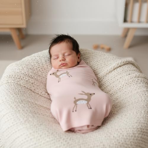 Knit Baby Swaddle Blanket - 100% Cotton Soft Cozy Receiving Swaddle Stroller Blanket for Shower Gift Registry for Newborns, Infants, Toddlers (Deer - Pink) - color: 10 - Deer - Pink