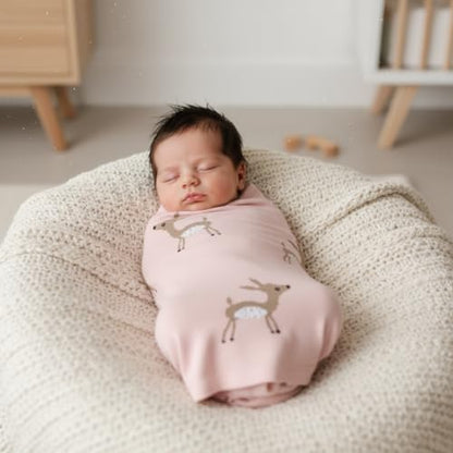 Knit Baby Swaddle Blanket - 100% Cotton Soft Cozy Receiving Swaddle Stroller Blanket for Shower Gift Registry for Newborns, Infants, Toddlers (Deer - Pink) - color: 10 - Deer - Pink
