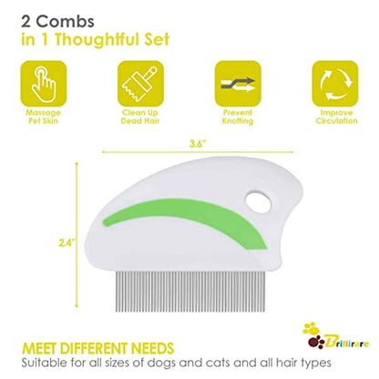 2 Pack Flea Lice Comb, Stainless Steel Dog Cat Grooming Combs with Rounded Teeth, Professional Pet Tear Stain Remover, Dematting Tool for Small, Medium & Large Pets